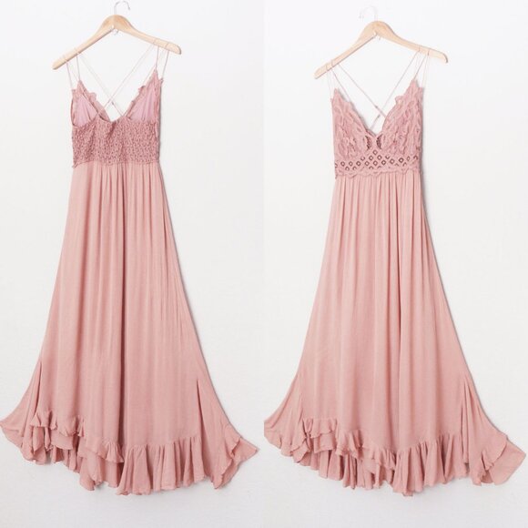 Free People Adella Pink Lace flowy crinkle linen Cottagecore Y2K Maxi Dress - Picture 7 of 16